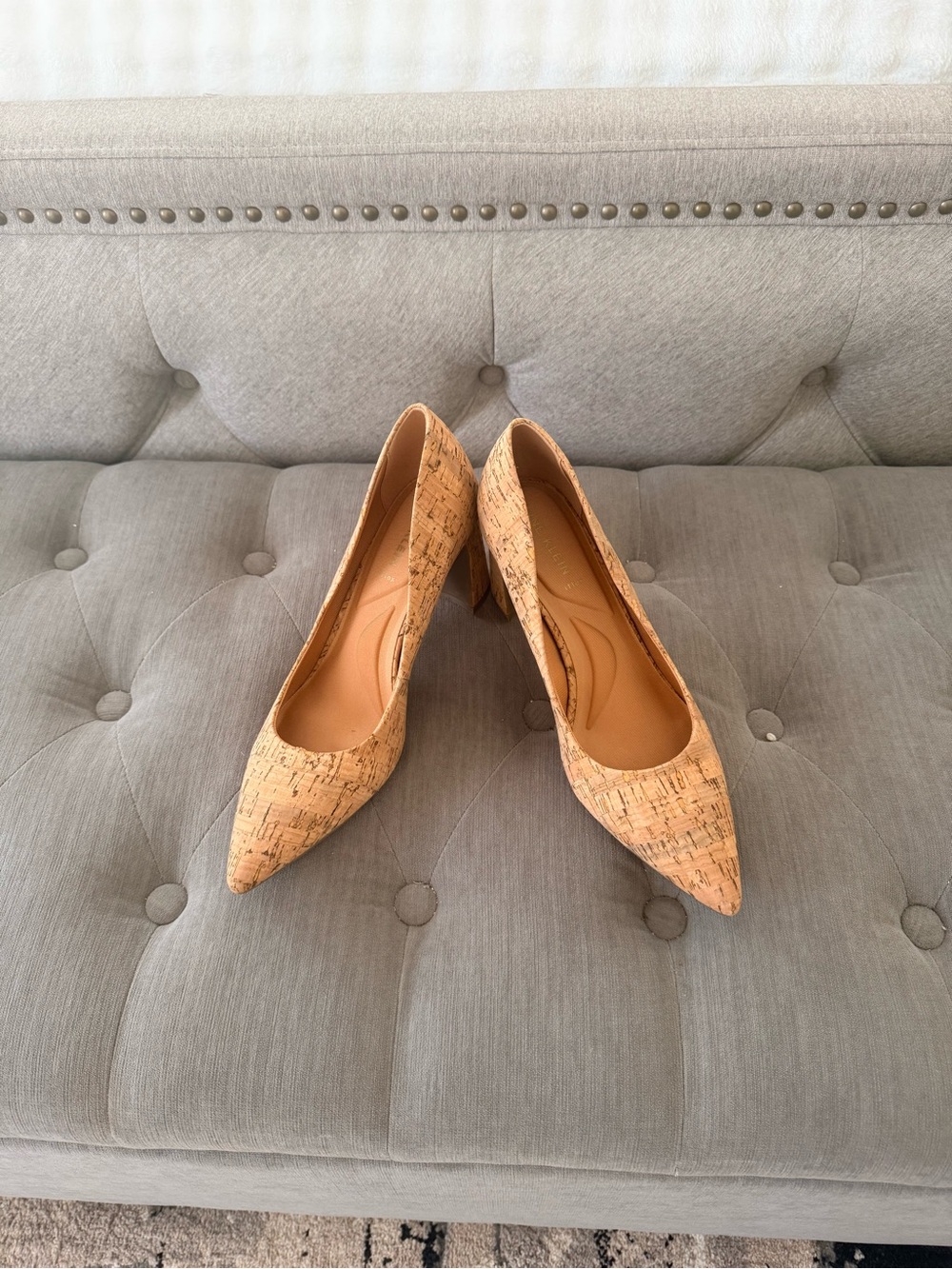 Anne Klein Pointed Cork-Textured Pumps in Natural Tan